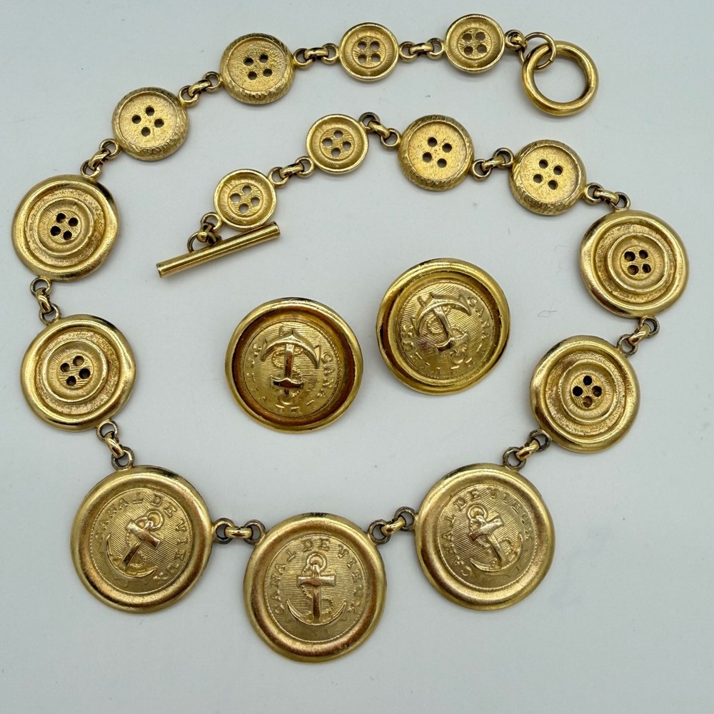 Vintage Gold Tone Nautical Anchor Medallion Necklace &‎ Clip Earring Set
